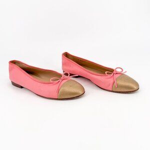 Chanel CC Pink Gold Leather Cap Toe Ballet Flats Shoes Size 39 US 8-8.5 Women's